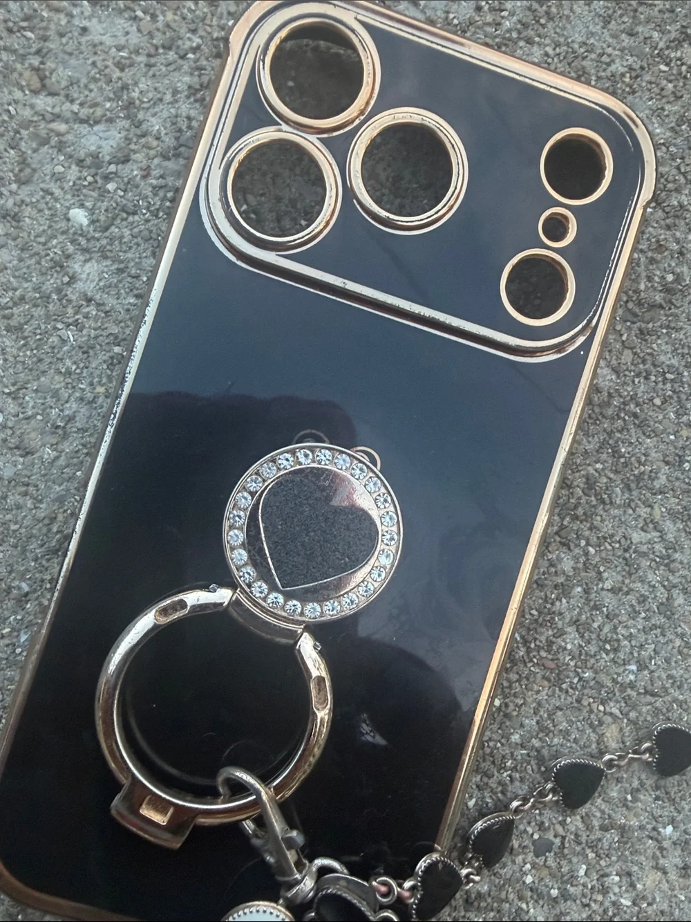 iPhone 17 pro Black and Rose Gold Decorative Phone Case with Heart Ring Holder